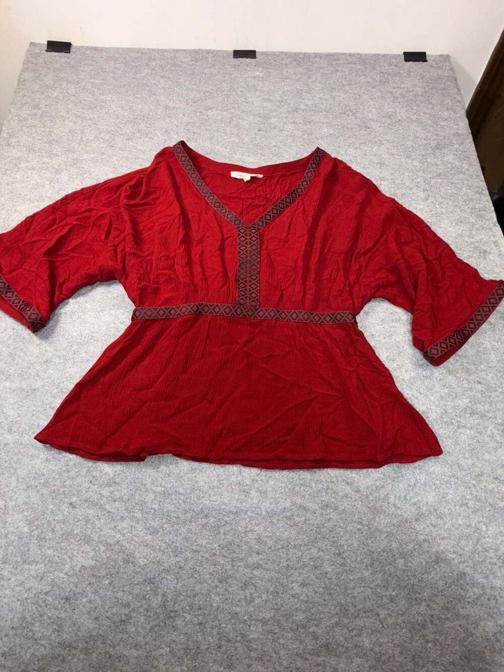 Altar'd State Red Rayon V-Neck Embroidered Trim Tunic Blouse Size M